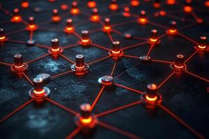Futuristic Network Connections with Glowing Red Nodes on Dark Surface photo