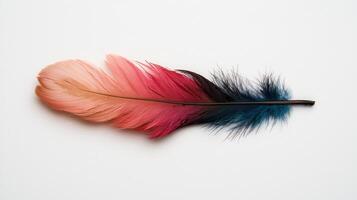 Close up of a colorful feather with a gradient of pink, red, and teal photo
