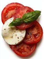tomatoes, mozzarella and basil on a white surface photo