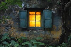 Rustic Enchanted Window with Glowing Light Surrounded by Lush Greenery photo