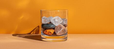 Glass of colorful stones on orange background photo