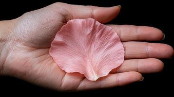 Pink flower petal in a womans hand photo