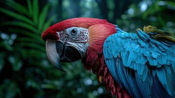 Close up of a vibrant red and blue macaw parrot photo