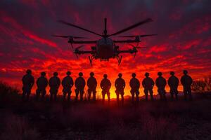Military Helicopter and Soldiers Silhouette at Sunset A Powerful Display of Strength and Unity photo