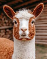Close up portrait of an adorable brown and white alpaca photo