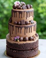 Three tiered chocolate cake with chocolate ganache drip and assorted chocolates photo