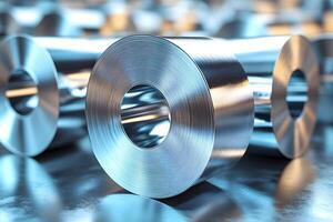 Shiny Steel Coils in Industrial Warehouse - Metallic Texture for Manufacturing and Design photo