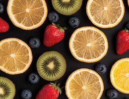 Flatlay of colorful fruit slices and berries on a dark background photo