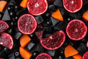 Blood orange slices and black cubes on dark background photo