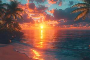 Tranquil Tropical Sunset on a Palm-Fringed Beach - Perfect for Inspiration and Relaxation Themes photo