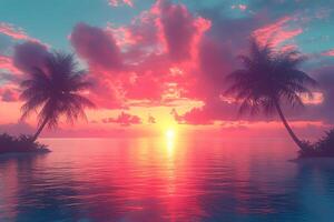 Tranquil Tropical Sunset with Palms and Vibrant Sky Reflections - Ideal for Travel Posters or Relaxation Themes photo