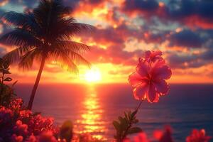Tropical Paradise at Sunset Palm Trees and Hibiscus Against a Vibrant Ocean Backdrop photo
