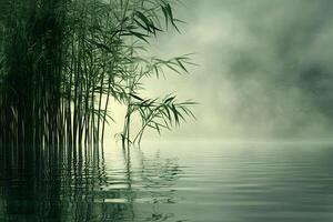 Tranquil Bamboo Grove Reflecting in Misty Water for Nature and Zen Themes photo