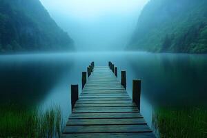 Serene Misty Lake Landscape with Wooden Dock in Tranquil Atmosphere photo