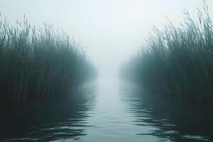 Tranquil Misty River Scene with Tall Reeds for Serene Nature Prints photo