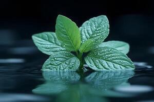 Fresh Green Leaves with Water Droplets Against a Dark Background for Nature and Spa Themes photo