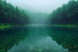 Mystical Foggy Forest and Tranquil Lake Landscape for Nature Photography photo