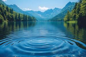 Serene Mountain Lake with Rippling Waters and Majestic Forest Scenery photo