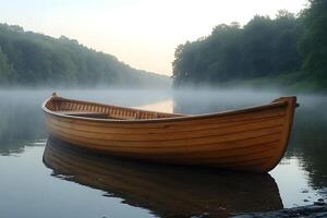 Serene Morning Mist with Wooden Rowboat on Calm Lake Surface photo