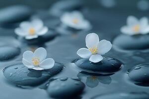 Tranquil Spa Concept with White Flowers on Smooth Black Stones photo