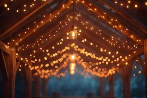 Warm Festive Glow Under Rustic Wooden Pavilion with String Lights photo