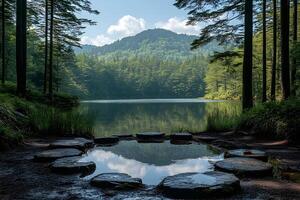 Serene Forest Lake Reflection with Tranquil Stone Pathway photo