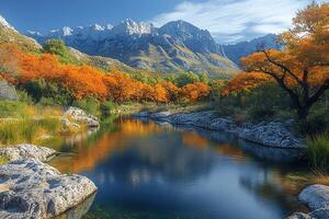 Tranquil Autumn Riverbank with Vibrant Foliage and Majestic Mountain Backdrop photo