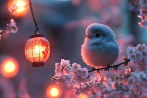 Springtime Serenity Fluffy Bird on Cherry Blossom Branch with Lanterns for Tranquil Design photo