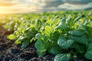 Sunlit Spinach Field in Early Morning Light for Agricultural Use photo