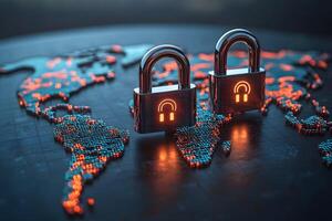 Global Cybersecurity Concept with Digital Locks on World Map for Secure Data photo