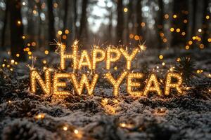 Sparkling Happy New Year Lights in Winter Forest Setting for Festive Celebration Design photo