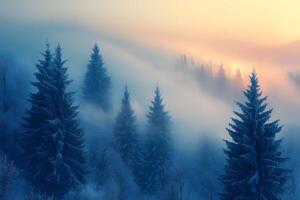 Majestic Winter Landscape at Dawn with Fog and Pine Trees photo