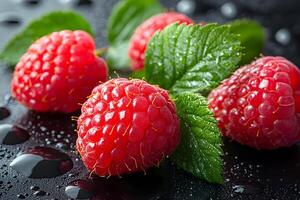 Fresh Raspberries with Dew Drops on Black Surface for Food Photography photo