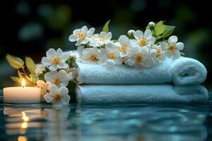 Tranquil Spa Setting with White Flowers, Towels, and Candle for Relaxation and Wellness photo