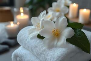 Relaxing Spa Ambiance with White Towels and Jasmine Flowers for Tranquility and Serenity photo