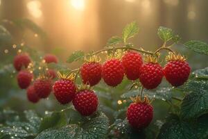 Fresh Raspberries at Sunrise in a Dew-Kissed Garden Perfect for Nature-Themed Projects photo