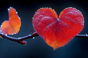 Heart-Shaped Autumn Leaf with Dew on Branch for Nature Photography and Seasonal Design photo