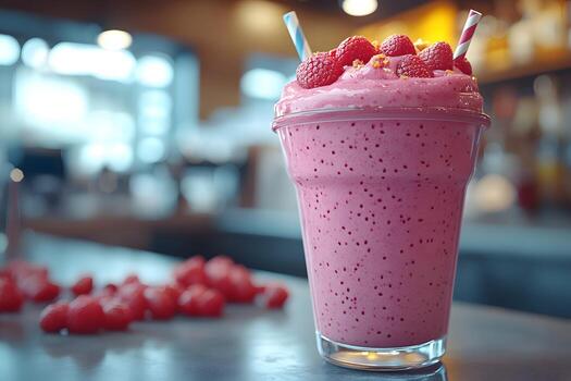 Refreshing Raspberry Smoothie with Straws in a Cozy Cafe Setting photo