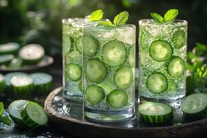 Refreshing Summer Beverage with Cucumber Slices and Mint Garnish photo