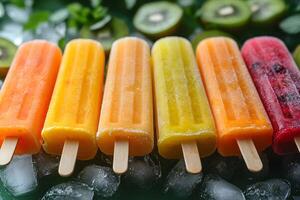 Bright Summer Fruit Popsicles with Kiwi Slices on Ice for Refreshing Treat photo