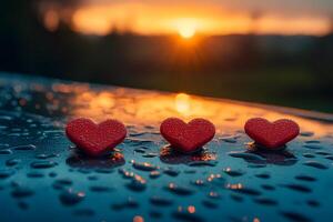 Romantic Sunset with Heart-shaped Objects on Wet Surface for Valentine's Day Themes photo