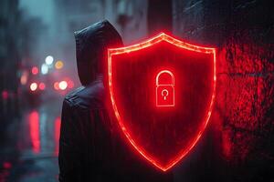 Cybersecurity Concept - Anonymous Figure with Lit Red Shield in Urban Night Scene photo