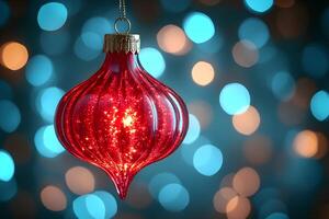 Glittering Red Christmas Ornament with Festive Bokeh Lights in Background photo