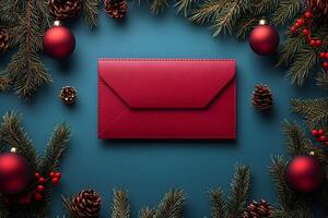 Festive Holiday Greeting Card Design with Red Envelope and Pine Decorations photo