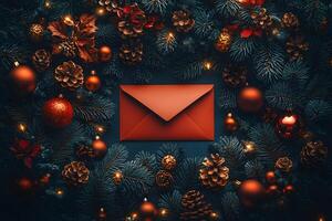 Festive Christmas Greeting Card Design with Red Envelope and Pine Cones photo