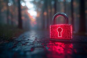 Digital Security Concept Illuminated Lock in Mysterious Forest Pathway Setting photo