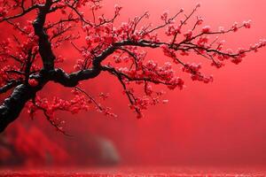 Elegant Cherry Blossom Branch Against Vibrant Red Background for Nature Art photo