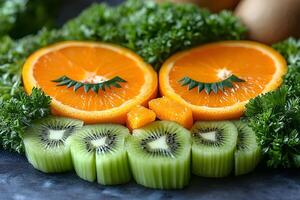 Fresh Citrus and Kiwi Arrangement with Parsley for Healthy Eating Concept photo