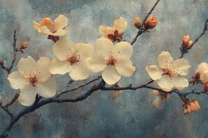 Spring Blossom Branch with Delicate Peach Flowers on Textured Background photo