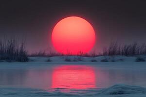Serene Winter Sunset Over Snowy Landscape with Reflected Sun photo